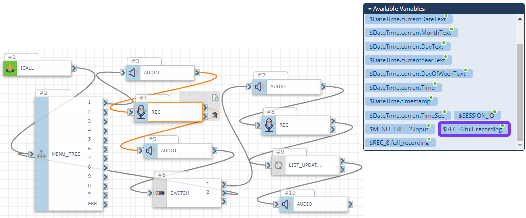 On the left a sample flow includes multiple record response actions and the first record response action is selected, and on the right the Available Variables section of the Configuration Panel shows the recording for the selected Record Response action with the associated action ID